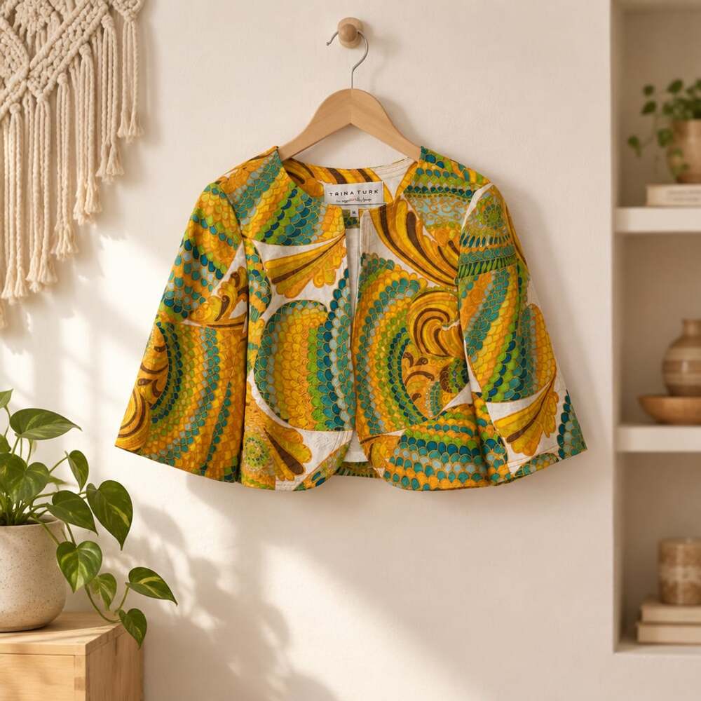 Trina Turk Los Angeles Palm Springs Yellow Green Floral Print Crop Jacket Size 6